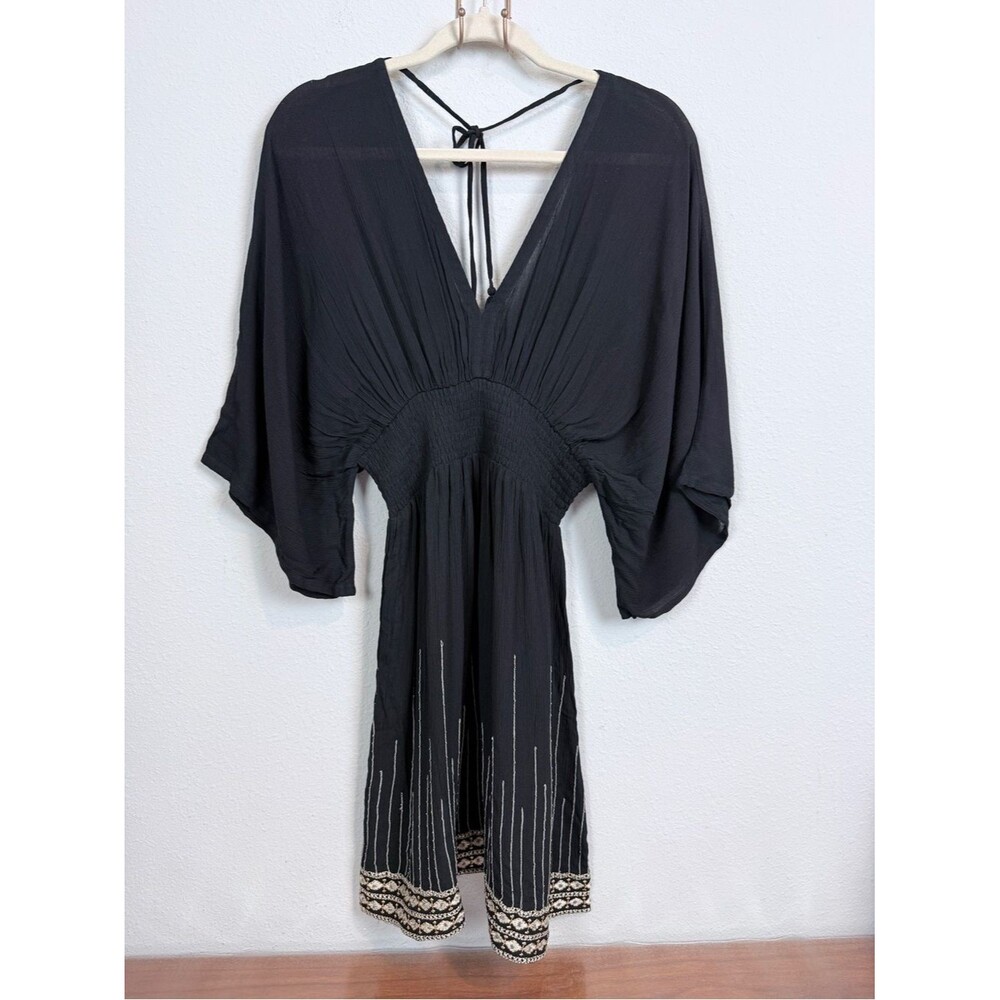 Black Embroidered Crinkle Smocked Waist Swim Coverup S